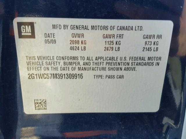 2G1WC57M391309916 - 2009 CHEVROLET IMPALA 2LT BLUE photo 10