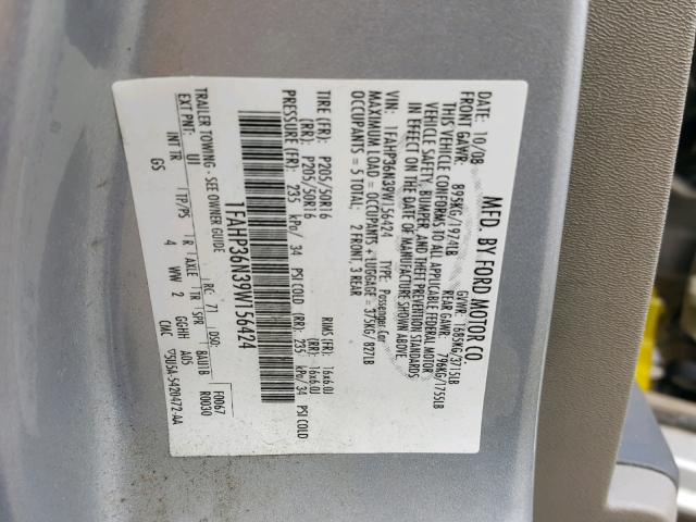 1FAHP36N39W156424 - 2009 FORD FOCUS SES SILVER photo 10