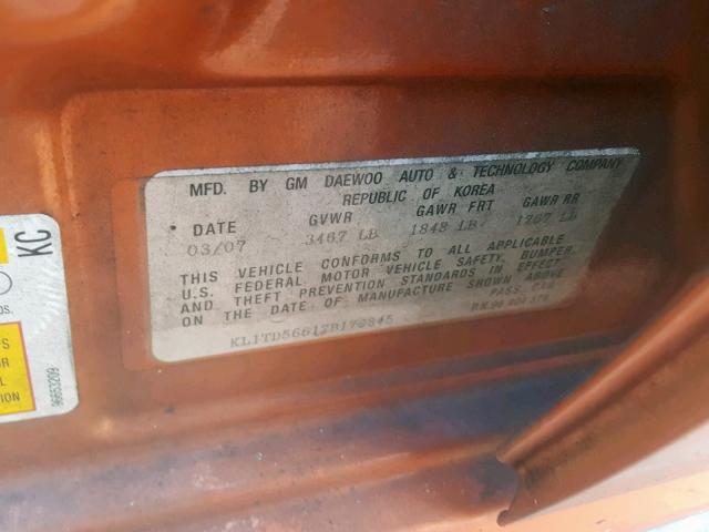 KL1TD56617B172845 - 2007 CHEVROLET AVEO BASE ნარინჯისფერი ფოტო 10