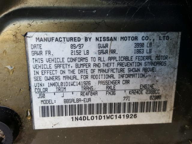 1N4DL01D1WC141926 - 1998 NISSAN ALTIMA XE GREEN photo 10