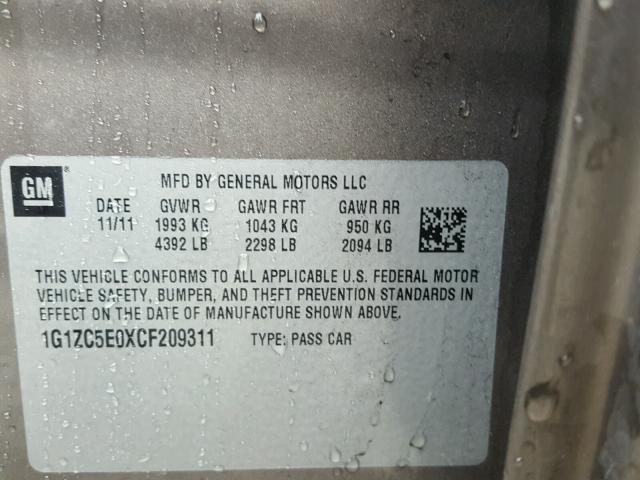 1G1ZC5E0XCF209311 - 2012 CHEVROLET MALIBU 1LT TAN photo 10