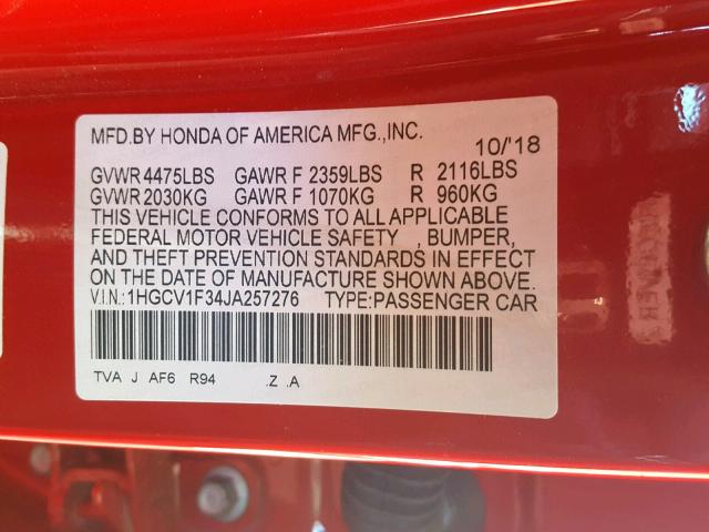 1HGCV1F34JA257276 - 2018 HONDA ACCORD SPO RED photo 10