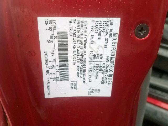 1FMZU67K64UA43516 - 2004 FORD EXPLORER S RED photo 10