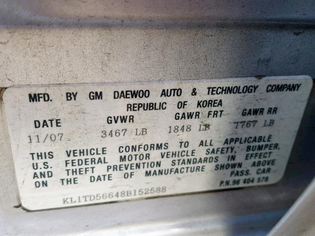 KL1TD56648B152588 - 2008 CHEVROLET AVEO BASE Күміс фото 10