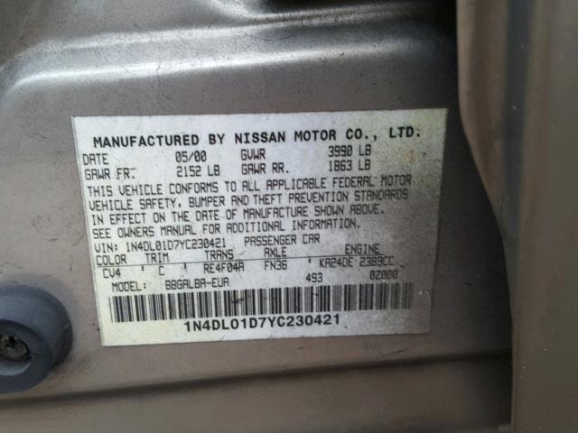 1N4DL01D7YC230421 - 2000 NISSAN ALTIMA XE GOLD photo 10