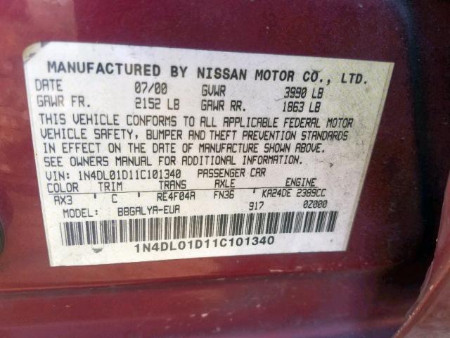 1N4DL01D11C101340 - 2001 NISSAN ALTIMA XE RED photo 10