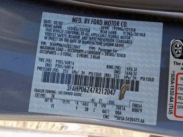 3FAHP06Z47R212047 - 2007 FORD FUSION S GRAY photo 10