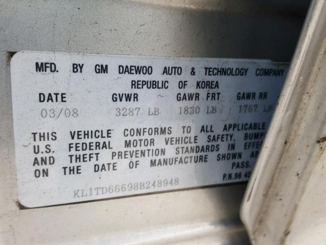 KL1TD66698B248948 - 2008 CHEVROLET AVEO BASE Күміс фото 10