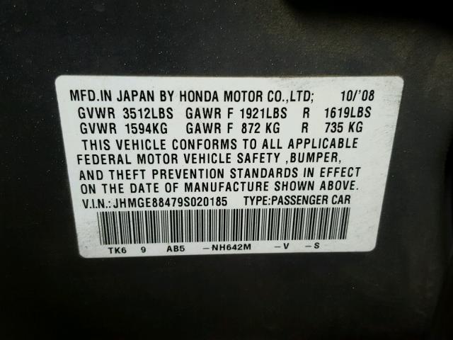 JHMGE88479S020185 - 2009 HONDA FIT SPORT SILVER photo 10