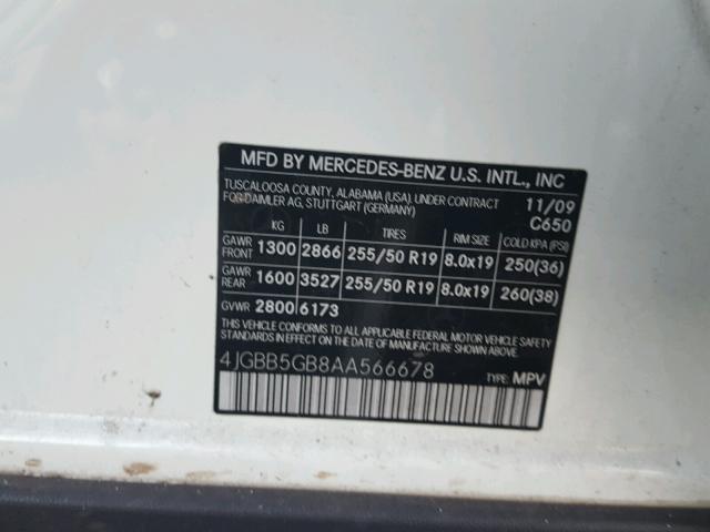 4JGBB5GB8AA566678 - 2010 MERCEDES-BENZ ML 350 WHITE photo 10