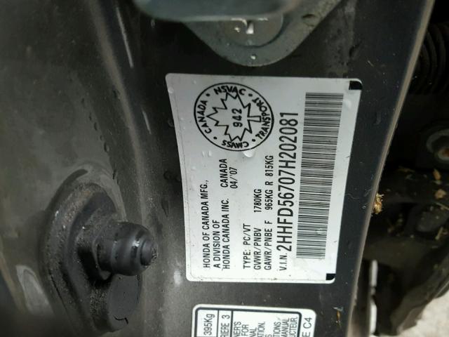 2HHFD56707H202081 - 2007 ACURA CSX PREMIU GRAY photo 10