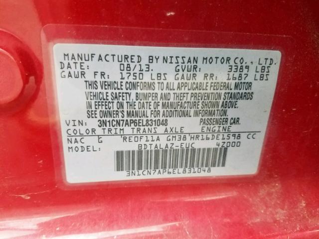 3N1CN7AP6EL831048 - 2014 NISSAN VERSA S RED photo 10