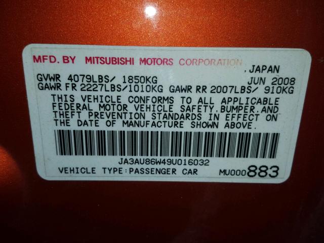 JA3AU86W49U016032 - 2009 MITSUBISHI LANCER GTS ORANGE photo 10