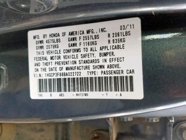 1HGCP3F86BA022722 - 2011 HONDA ACCORD EXL GRAY photo 10