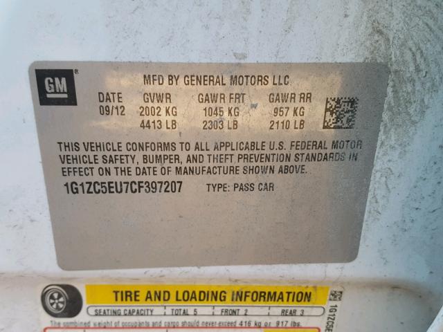 1G1ZC5EU7CF397207 - 2012 CHEVROLET MALIBU 1LT 白色 照片 10