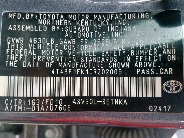 4T4BF1FK1CR202009 - 2012 TOYOTA CAMRY BASE GRAY photo 10