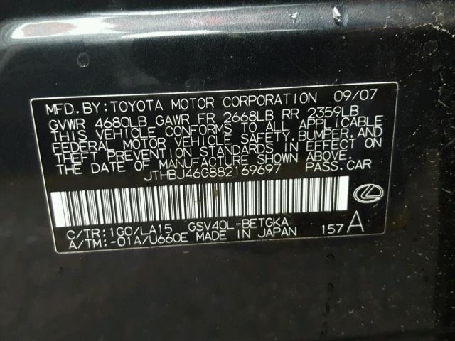 JTHBJ46G882169697 - 2008 LEXUS ES 350 GRAY photo 10