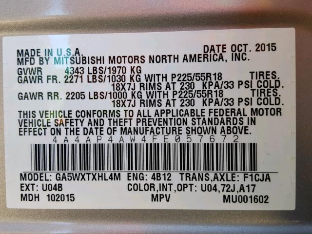 4A4AP4AW4FE057672 - 2015 MITSUBISHI OUTLANDER SILVER photo 10