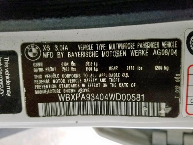 WBXPA93404WD00581 - 2004 BMW X3 3.0I WHITE photo 10