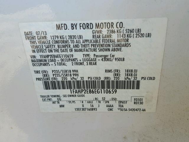 1FAHP2E86EG110659 - 2014 FORD TAURUS SEL WHITE photo 10