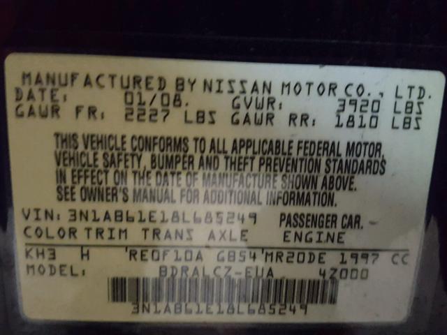 3N1AB61E18L685249 - 2008 NISSAN SENTRA 2.0 BLACK photo 10