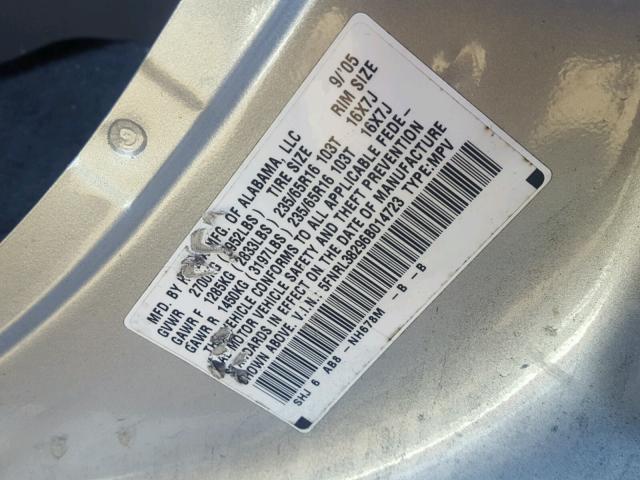 5FNRL38296B014723 - 2006 HONDA ODYSSEY LX SILVER photo 10