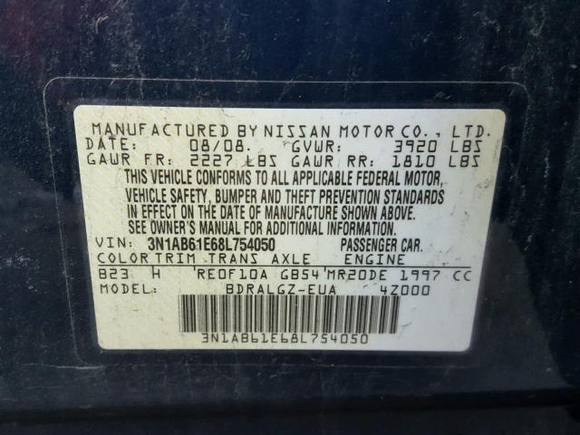 3N1AB61E68L754050 - 2008 NISSAN SENTRA 2.0 BLUE photo 10