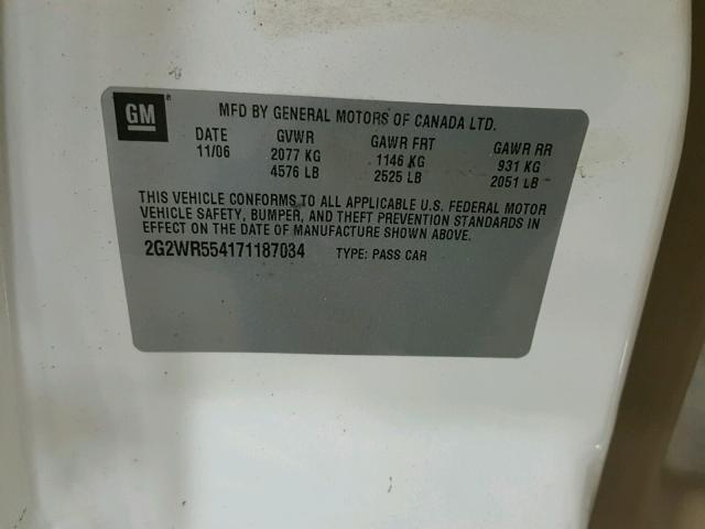 2G2WR554171187034 - 2007 PONTIAC GRAND PRIX WHITE photo 10