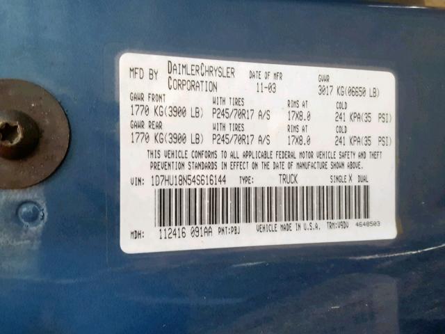 1D7HU18N54S616144 - 2004 DODGE RAM 1500 S BLUE photo 10