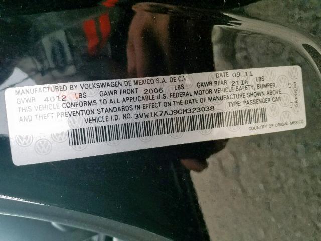 3VW1K7AJ9CM323038 - 2012 VOLKSWAGEN JETTA BASE BLACK photo 10