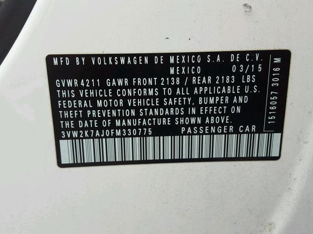 3VW2K7AJ0FM330775 - 2015 VOLKSWAGEN JETTA BASE WHITE photo 10