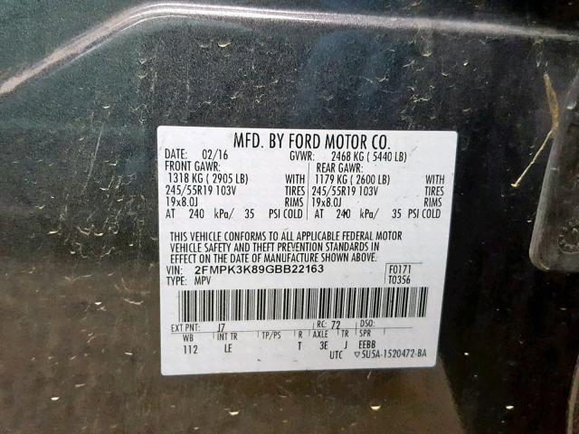 2FMPK3K89GBB22163 - 2016 FORD EDGE TITAN SILVER photo 10