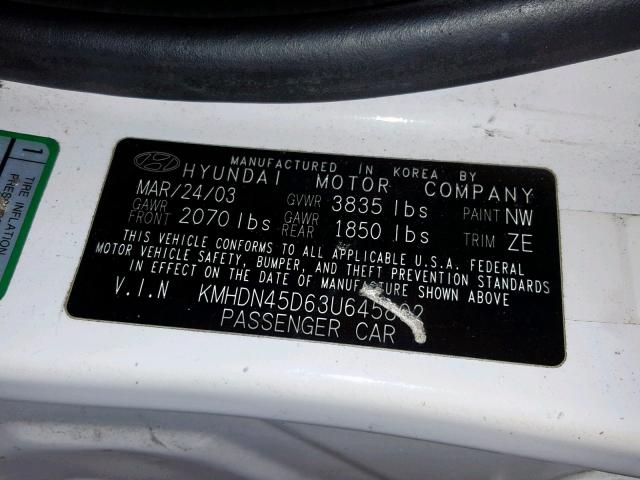 KMHDN45D63U645802 - 2003 HYUNDAI ELANTRA GL WHITE photo 10