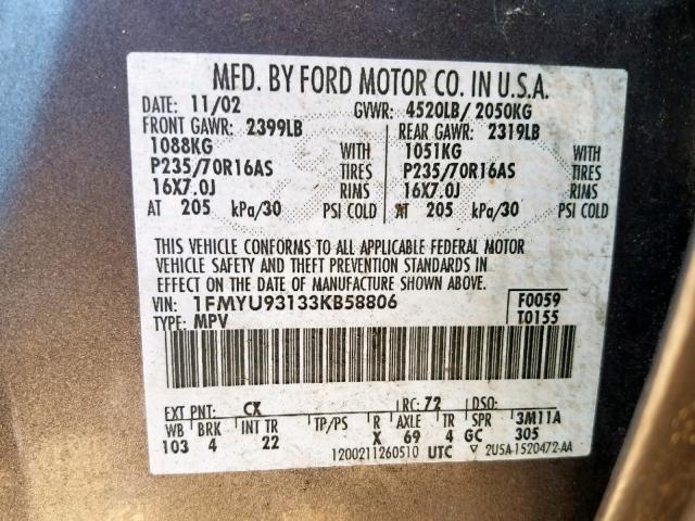 1FMYU93133KB58806 - 2003 FORD ESCAPE XLT GRAY photo 10