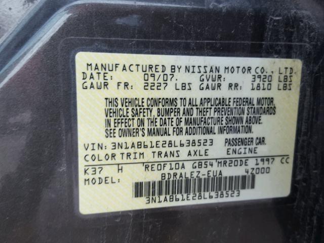 3N1AB61E28L638523 - 2008 NISSAN SENTRA 2.0 GRAY photo 10