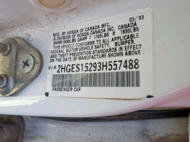 2HGES15293H557488 - 2003 HONDA CIVIC DX WHITE photo 10