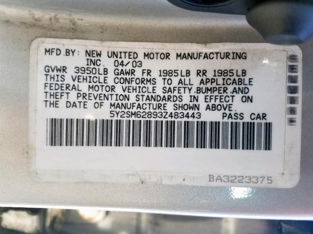 5Y2SM62893Z483443 - 2003 PONTIAC VIBE SILVER photo 10