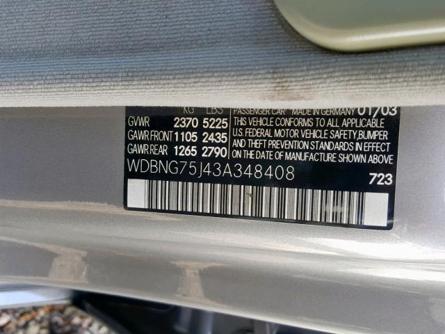 WDBNG75J43A348408 - 2003 MERCEDES-BENZ S 500 SILVER photo 10