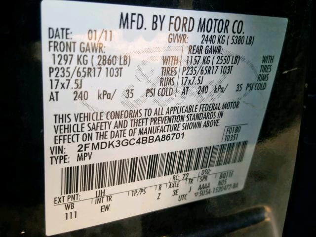 2FMDK3GC4BBA86701 - 2011 FORD EDGE SE BLACK photo 10