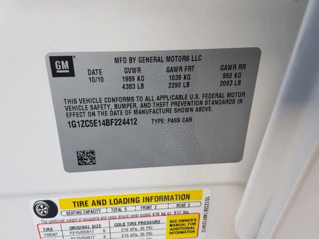 1G1ZC5E14BF224412 - 2011 CHEVROLET MALIBU 1LT WHITE photo 10