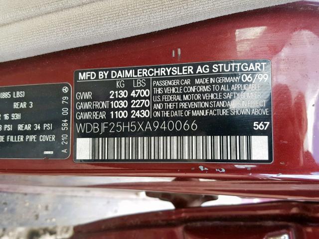 WDBJF25H5XA940066 - 1999 MERCEDES-BENZ E 300TD MAROON photo 10