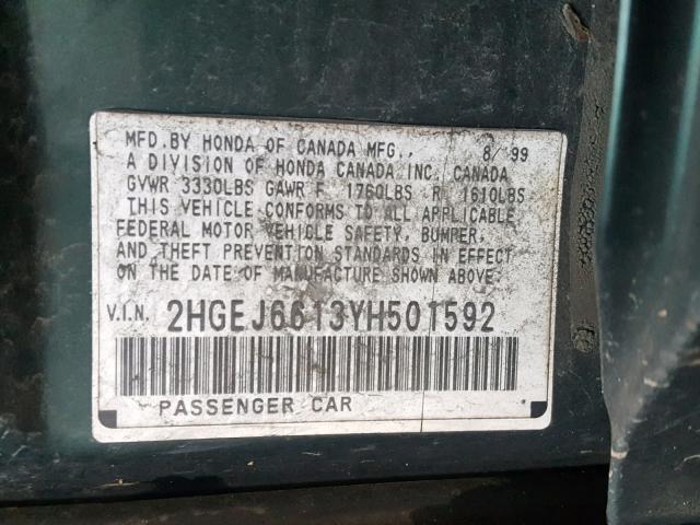 2HGEJ6613YH501592 - 2000 HONDA CIVIC BASE GREEN photo 10