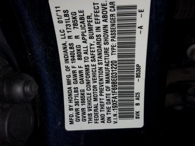 19XFA1F69BE031220 - 2011 HONDA CIVIC LX-S ლურჯი ფოტო 10