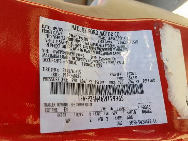 1FAFP34N46W129965 - 2006 FORD FOCUS ZX4 RED photo 10