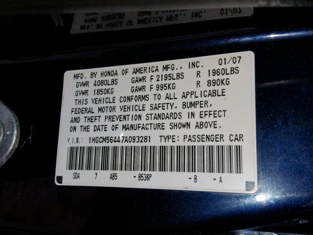 1HGCM56447A093281 - 2007 HONDA ACCORD LX BLUE photo 10