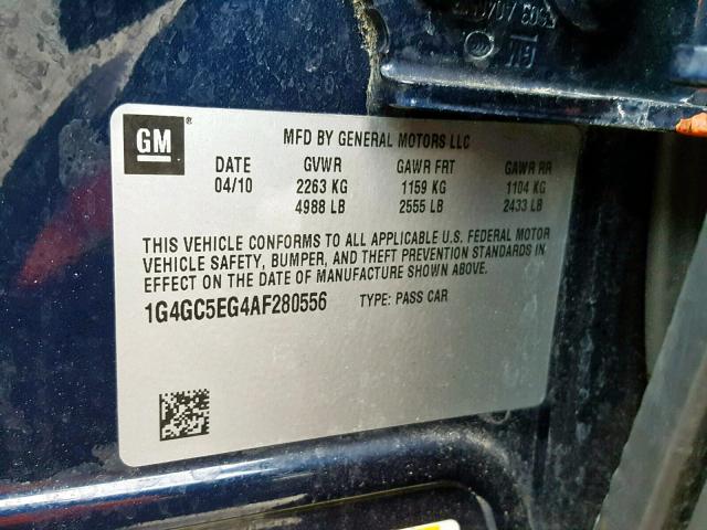 1G4GC5EG4AF280556 - 2010 BUICK LACROSSE C BLUE photo 10