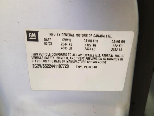 2G2WS522441107728 - 2004 PONTIAC GRAND PRIX SILVER photo 10