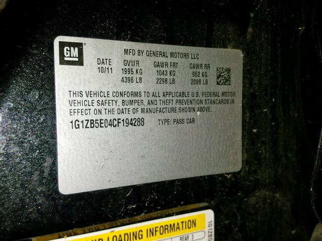 1G1ZB5E04CF194288 - 2012 CHEVROLET MALIBU LS 黑色 照片 10