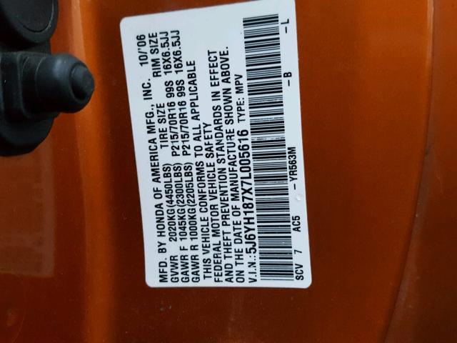 5J6YH187X7L005616 - 2007 HONDA ELEMENT EX ORANGE photo 10