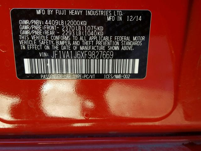 JF1VA1J6XF9827669 - 2015 SUBARU WRX LIMITE RED photo 10